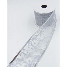 2.5 Inch Wired Christmas Ribbon with Silver Metallic Design on White Organga, 2-1/2 In. X 10 Yds (Lot of 1 Spool) SALE ITEM